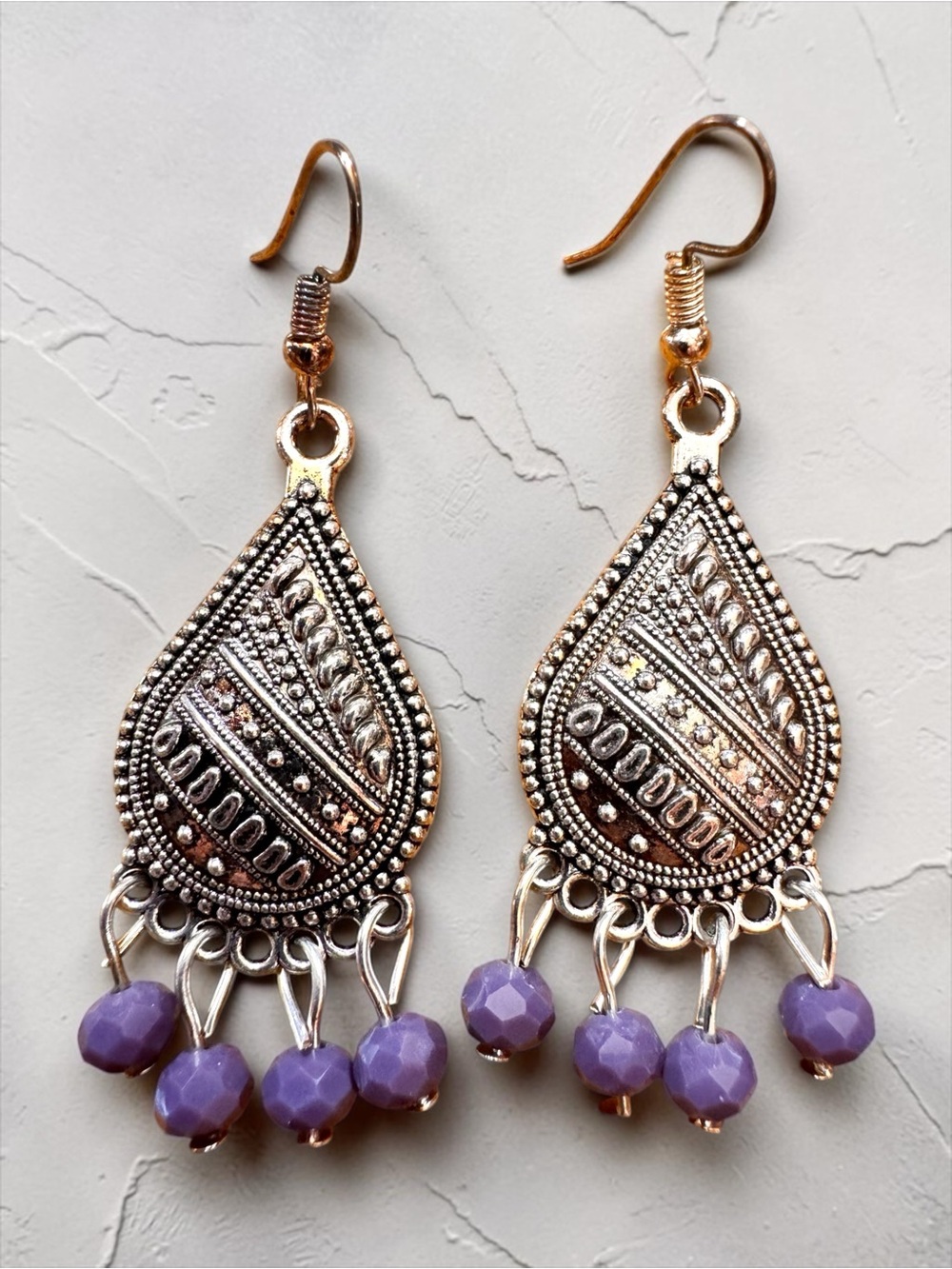 Silver Filigree Teardrop Chandelier Earrings with Lavender Bead Fringe